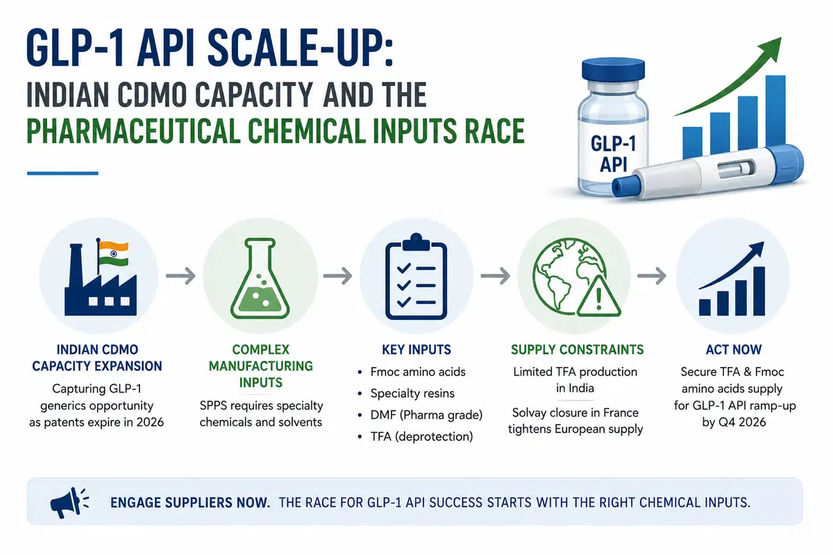 GLP-1 API स्केल-अप: भारतीय CDMO क्षमता और फार्मास्युटिकल केमिकल इनपुट्स रेस